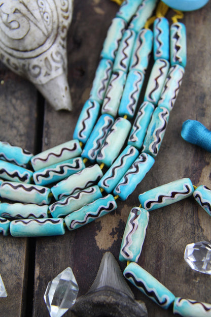 Turquoise Tube: Aqua & Black Painted Bone Beads, 8x24mm, 8 pieces