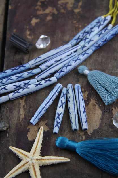 Airy Denim Blue Tribal Tube: 2" Bone Beads, 8x50mm, 4 Pcs