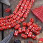 White Dotted Tubes: Hand Painted Red Bone Beads, 7x13mm, 16 pieces
