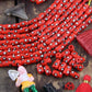 White Dotted Tubes: Hand Painted Red Bone Beads, 7x13mm, 16 pieces