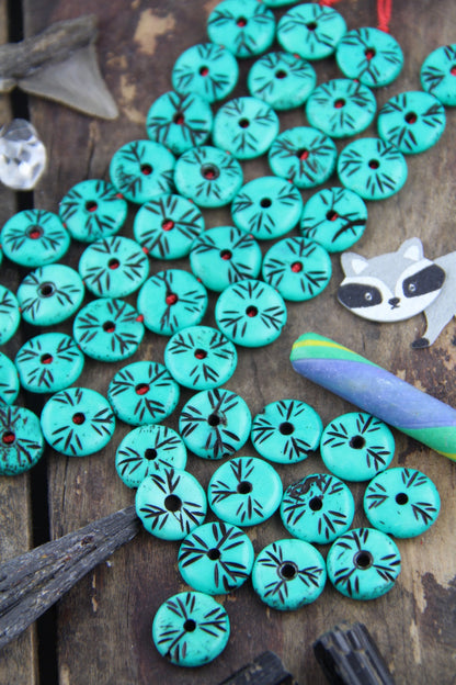 Minty Green Tribal Donuts: Handmade Painted Carved Donut Beads, 16x5mm, 12 pcs