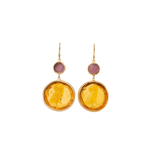 Glass Coin of Athens Motif Double Drop Earrings