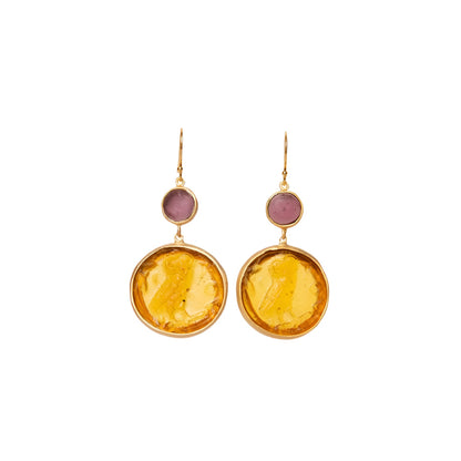 Glass Coin of Athens Motif Double Drop Earrings