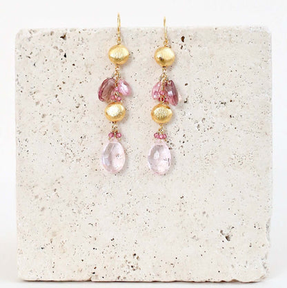 Pink Clear Quartz & Pink Tourmaline Gold Drop Earrings
