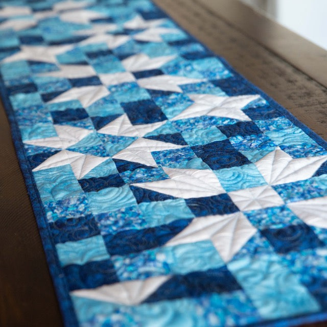 Standout Stars in Icy Blue Quilted Table Runner Precut Quilt Kit