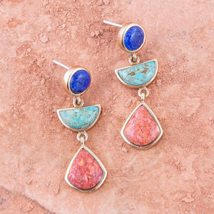 Blue Lapis Turquoise and Orange Sponge Coral Colorful Golden Drop Earrings