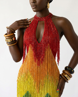 [PRE ORDER] Vibrant Rainbow Fringe Mesh Maxi Dress