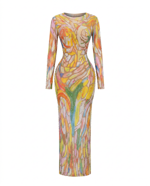 Vibrant Rhinestone Mesh Maxi Dress