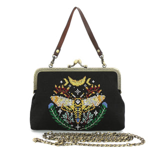 Skull Head Moth Vintage Kisslock Handbag in Linen Blend