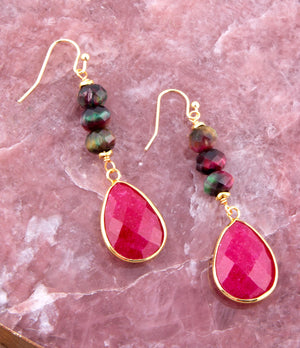 Jeweled Multicolor Tiger's Eye and Pink Agate Golden Drop Earrings