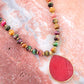 Jeweled Multicolor Tiger's Eye and Pink Jade Pendant Golden Necklace