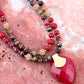 Jeweled Multi-Color Tiger's Eye and Rasberry Quartz Pendant Golden Necklace