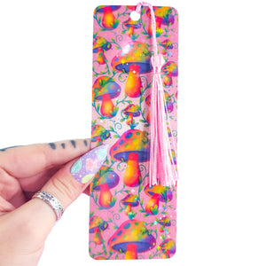 Pink Mushroom Bookmark – Holographic Handmade Bookmark with Tassel Option