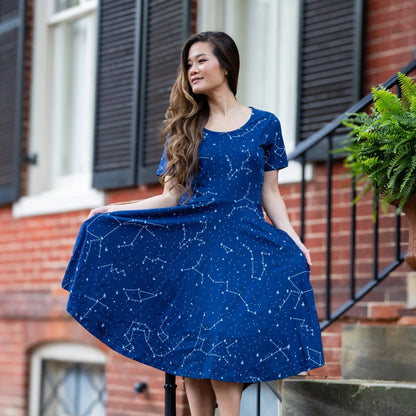 Constellations Glow-in-the-Dark Navy Twirl Dress with Pockets