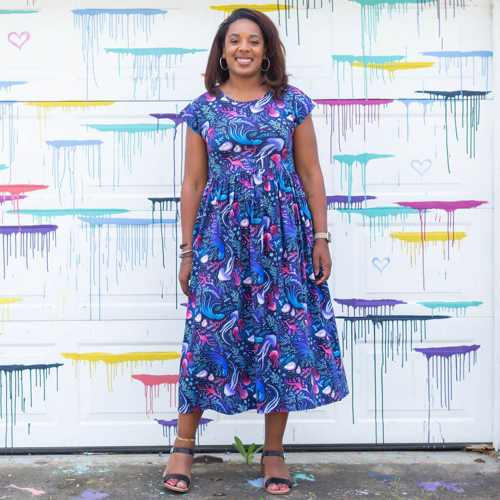 Adult "Oceans Aglow" Marine Life Cap Sleeve Maxi Dress With Pockets