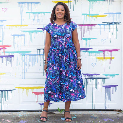 Adult "Oceans Aglow" Marine Life Cap Sleeve Maxi Dress With Pockets