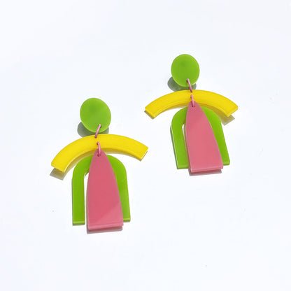 Pop Art Arch Drop Earrings — Green, Yellow & Pink