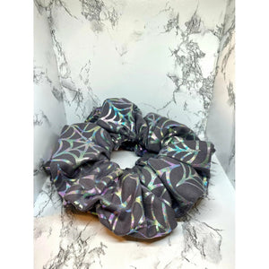 Grey Holographic Spiderweb Halloween Scrunchie