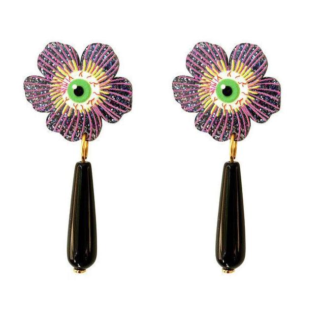 Purple Flower Earrings With Eyes by Laliblue