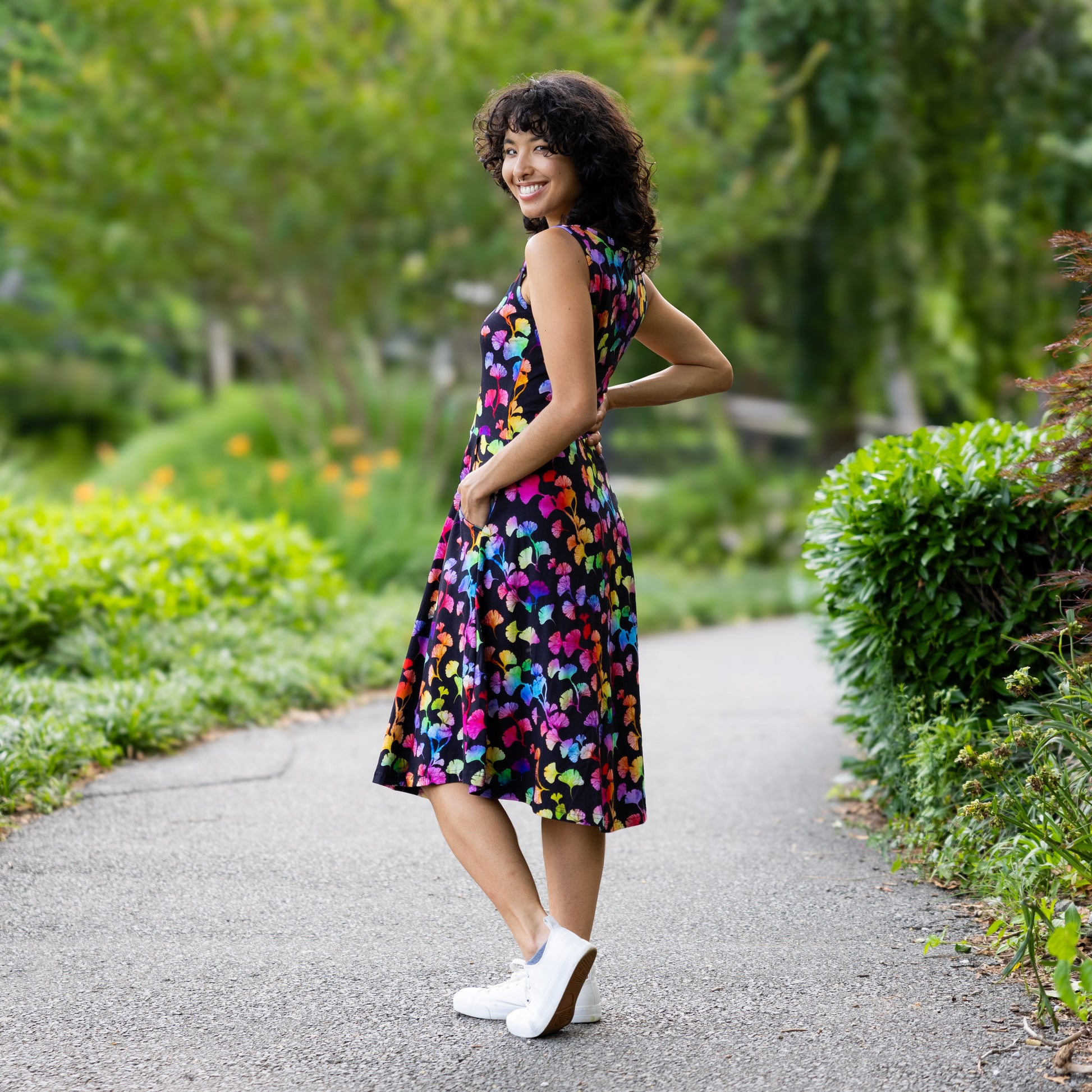 Rainbow Ginkgo Leaves Sleeveless Fit & Flare Dress Rainbow Ginkgo Leaves Sleeveless Fit & Flare Dress