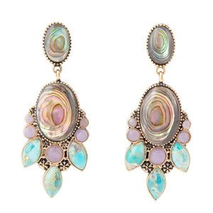 Regal Blue Abalone Mixed Stone Golden Statement Drop Earrings