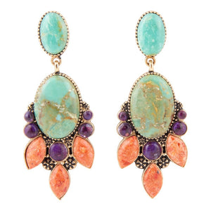 Regalia Blue Turquoise Purple and Orange Coral Goldden Post Drop Earrings