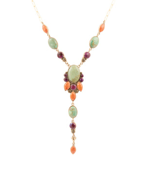 Regalia Blue Turquoise Purple and Orange Coral Golden Y Necklace