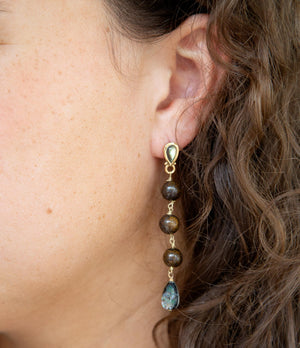 Sepia Sea Blue Abalone Post Golden Drop Earrings