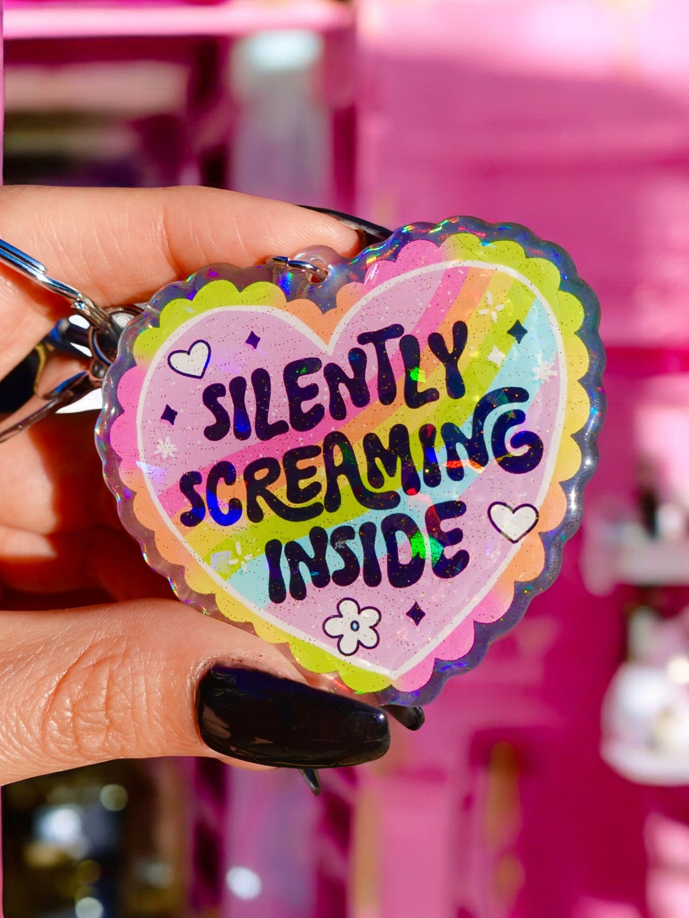 Silently Screaming Inside Holographic Heart Holographic Keychain