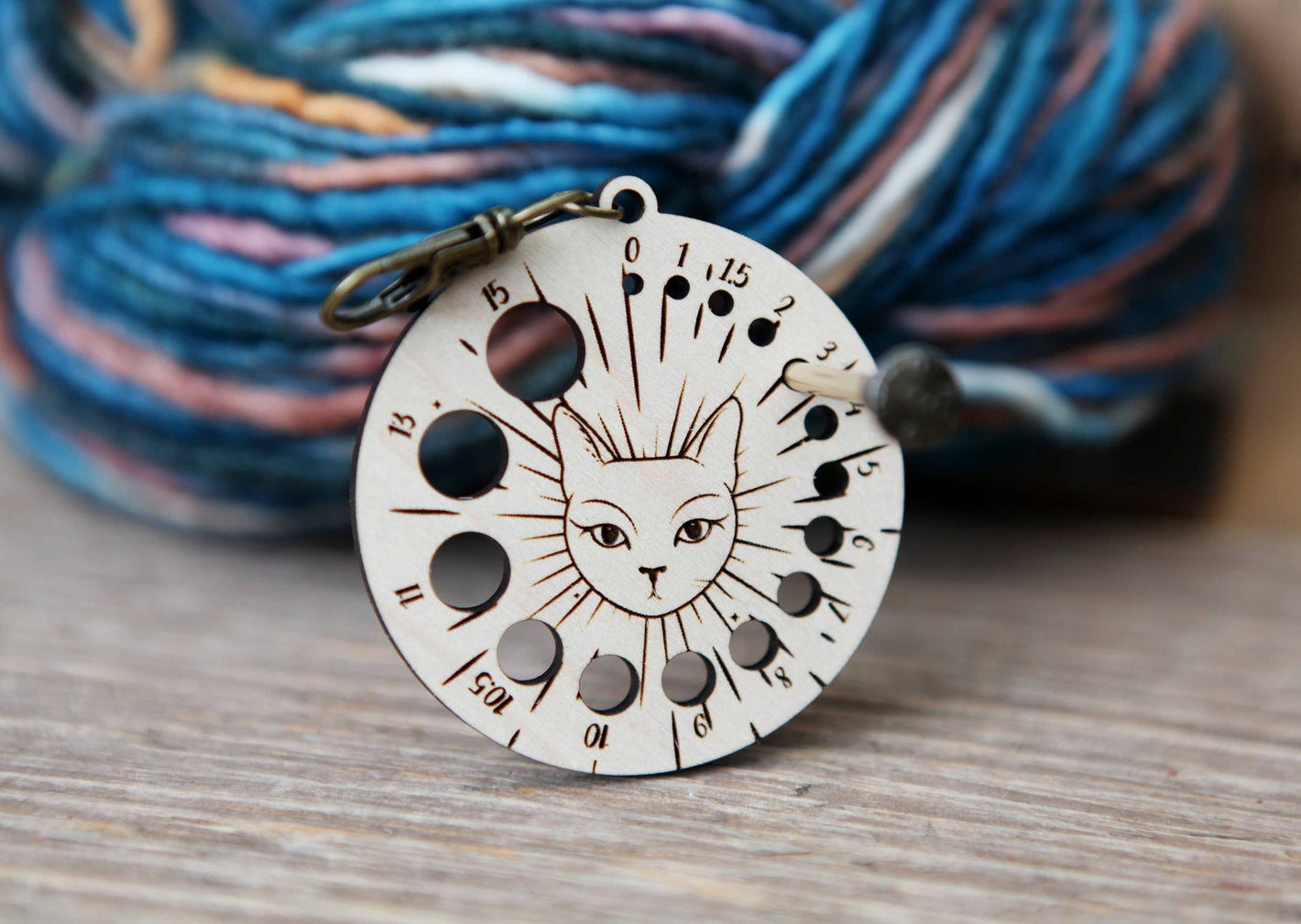 Witchy Cat Knitting Needle Gauge Maple with Bronze Clasp