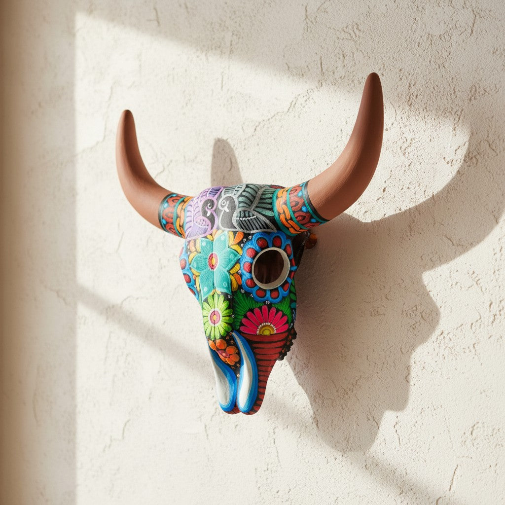 Alebrije Bull Skull Wall Decor | Colorful Longhorn Art
