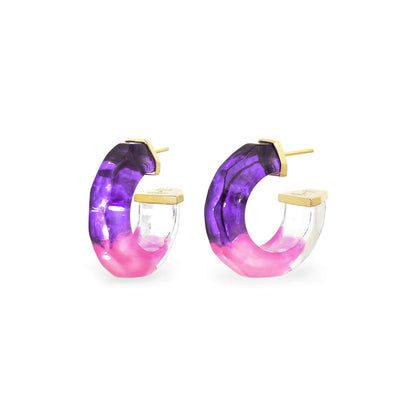 Faceted Tie Dye Lucite Huggies in Purple & Pink