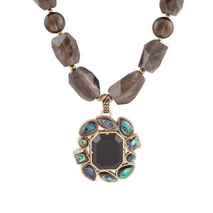 Tribecca Blue Abalone and Black Smoky Quartz Golden Statement Necklace