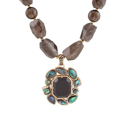 Tribecca Blue Abalone and Black Smoky Quartz Golden Statement Necklace