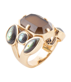 Tribecca Smoky Brown Quartz and Abalone Statement Golden Ring