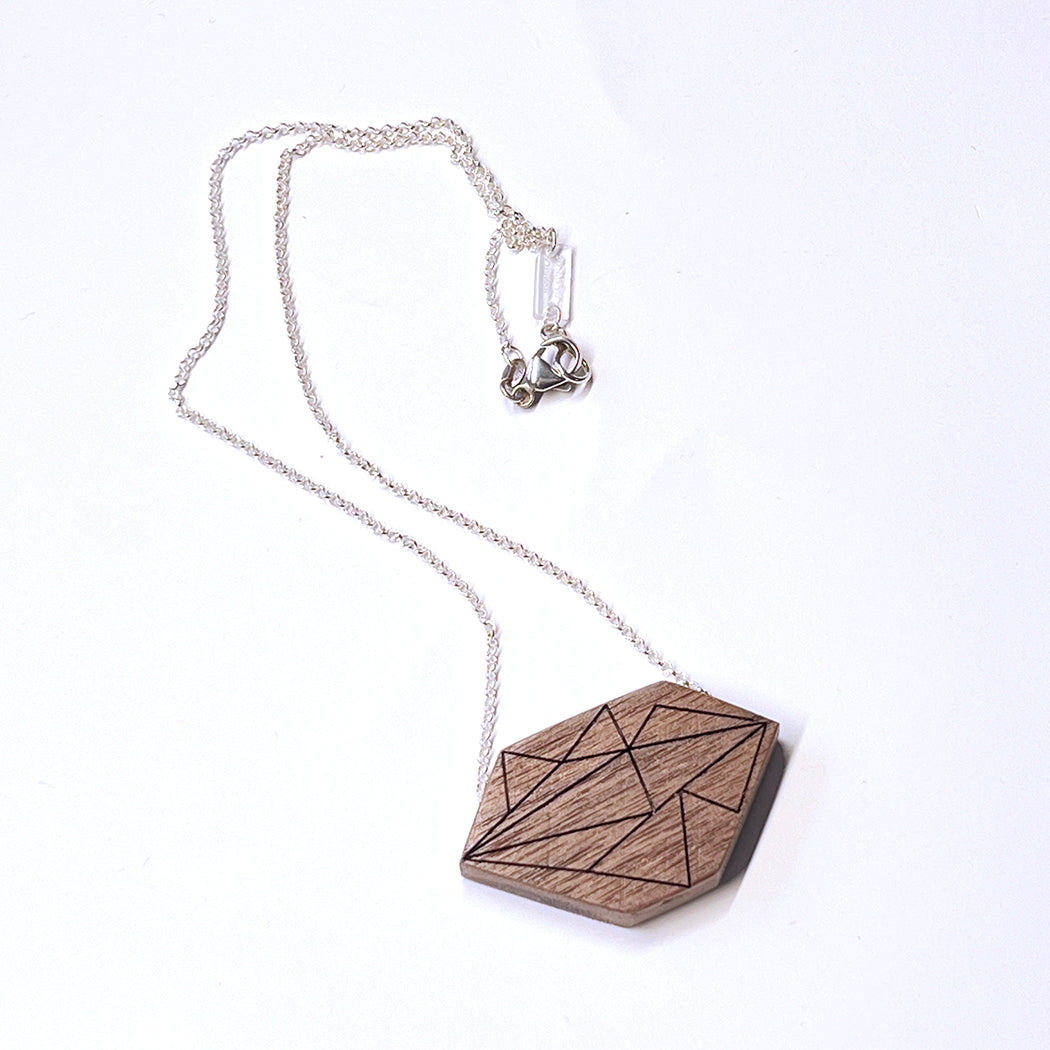 Mid-Century Modern Geometric Walnut Pendant Necklace